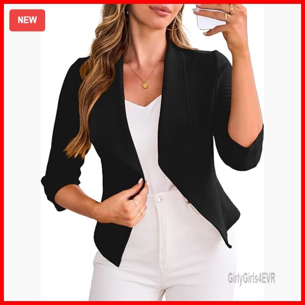 Lightweight Cropped Blazer 3/4 Sleeve Open Front Business Casual S-XL